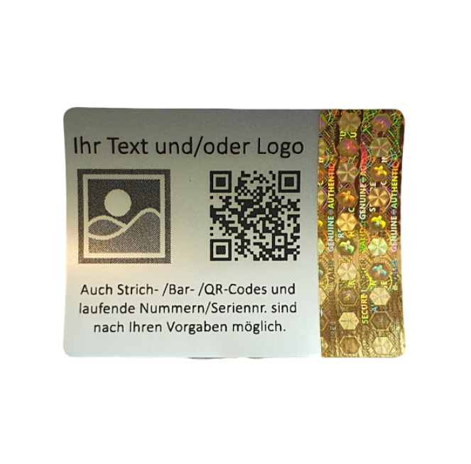 teil personalisiert - 3D Hologramm Sicherheitssiegel 4 x 3 cm Gold mit schwarzem Druck